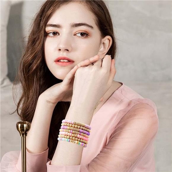 Surfer Heishi Clay Bead Bracelets for Women Bohemian Stackable Evil Eye Vinyl - Picture 4 of 8